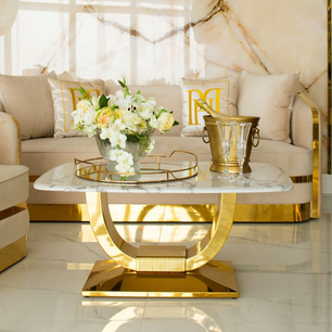 Glamor coffee table for the living room with a white marble top, gold ART DECO 