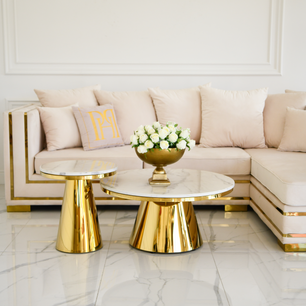 BOND glamor coffee table, gold with a white marble top 