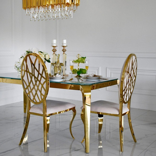 Designer dining table, glamor, with a glass top, steel, gold ELITE OUTLET 