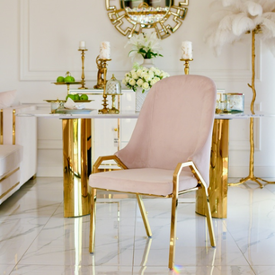 Glamor chair with armrests, modern, upholstered, designer, for the dining room, for the dressing table, beige gold SAVOY 