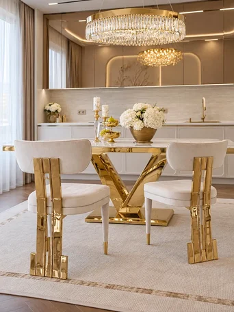 Krzesło Złote Beżowe Welurowe EMPIRE w jasnym wnętrzu, które podkreśla jego elegancję. Oświetlenie na zamówienie od Primavera Home.
