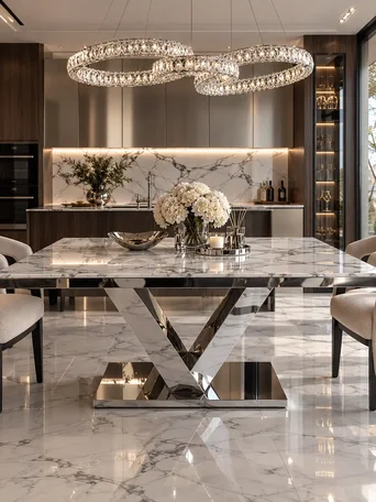 Stół LV COLLECTION Srebrny oczarowuje swoim designem w ujęciu z boku. Ekspozycja w salonie od Primavera Home.