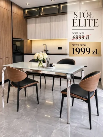 Widok z boku na designerski stół glamour ze szklanym blatem, stalowy, nowoczesny, srebrny ELITE, doskonale wkomponowany w aranżację nowoczesnego wnętrza od Primavera Home.