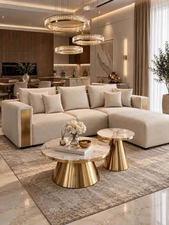 Nowoczesna sofa beżowa złota 3 osobowa 240 cm DIVINO w ujęciu z przodu. Ekspozycja w salonie od Primavera Home.