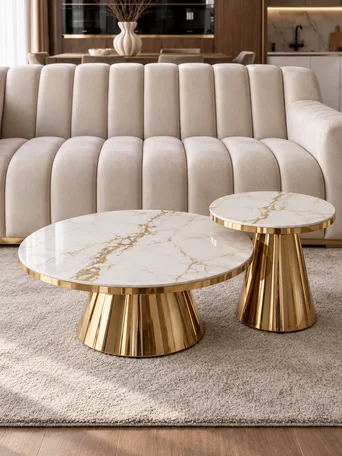 Perspektywiczne ujęcie stolika kawowego BOND glamour prezentującego swój elegancki design. Meble na zamówienie od Primavera Home.