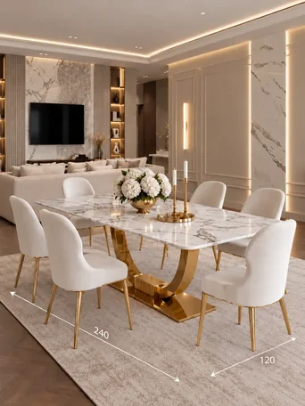 Detal wykończenia eleganckiego stołu z nowoczesnym blatem, który nawiązuje do stylu ART DECO. Ekspozycja w salonie od Primavera Home.