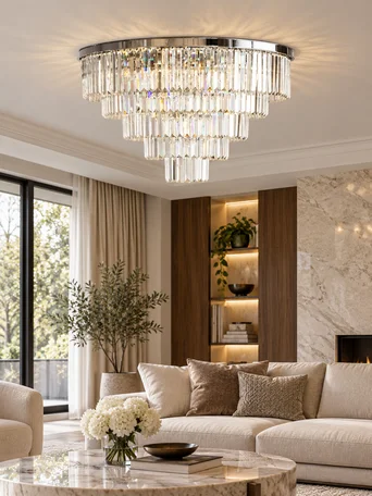 Srebrny plafon z kryształami nad okrągłym stolikiem i jasną sofą w eleganckim salonie.