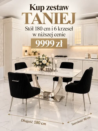 Zestaw w ujęciu z przodu, prezentujący elegancki stół oraz krzesła w aranżacji nowoczesnego wnętrza. Oświetlenie na zamówienie od Primavera Home.
