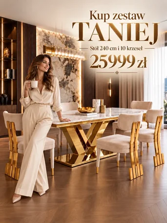 Widok z boku na zestaw mebli, który wprowadza glamour do każdego wnętrza dzięki Primavera Home.