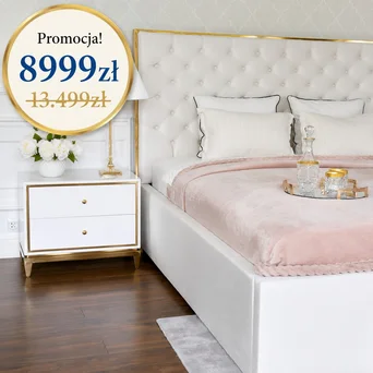 Łóżko białe złote tapicerowane dostępne od ręki w promocji od Primavera home