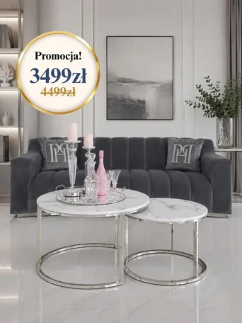 Perspektywa na okrągły stolik kawowy srebrny z marmurowym blatem 2w1, ukazująca jego nowoczesny design. Aranżacja nowoczesnego wnętrza od Primavera Home.
