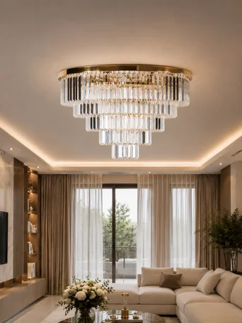 Detal wykończenia kryształowego żyrandola przysufitowego glamour plafon nowoczesny złoty GLAMOUR, ukazujący staranność wykonania. Meble na zamówienie od Primavera Home.