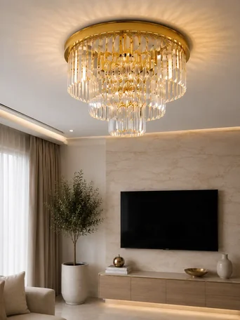 Plafon Kryształowy GLAMOUR Złoty Ø50cm w profilu, podkreślający nowoczesny design. Ekspozycja w salonie od Primavera Home.