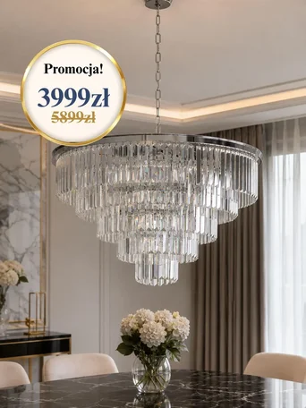 Kryształowy żyrandol okrągły, nowoczesny lampa wisząca, srebrny GLAMOUR M widoczny od dołu. Aranżacja nowoczesnego wnętrza od Primavera Home.