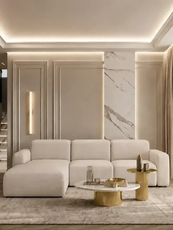 Ekskluzywny narożnik, nowoczesny, designerski, sofa narożna MODERNO w ujęciu z przodu. Oświetlenie na zamówienie od Primavera Home.