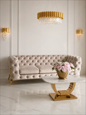 Luksusowa złota sofa pikowana DIVA GOLD z bliska, ukazująca detal wykończenia. Ekspozycja w salonie Primavera Home.