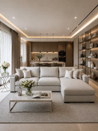 Nowoczesny narożnik modułowy wygodna aksamitna kanapa w stylu włoskim FIGARO w stylowej aranżacji salonu. Ekspozycja w przestrzeni od Primavera Home.
