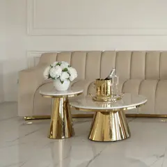 Stolik kawowy nowoczesny glamour złoty z białym marmurowym blatem BOND
