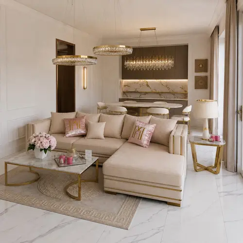 sofa narożnik na zamówienie Monaco stolik Lola żyrandol Bellini