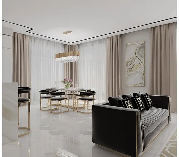 Black velvet quilted sofa, modern in a glamor style, for a golden living room MONTE CARLO