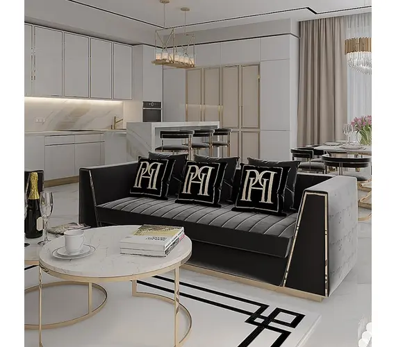 Black velvet quilted sofa, modern in a glamor style, for a golden living room MONTE CARLO