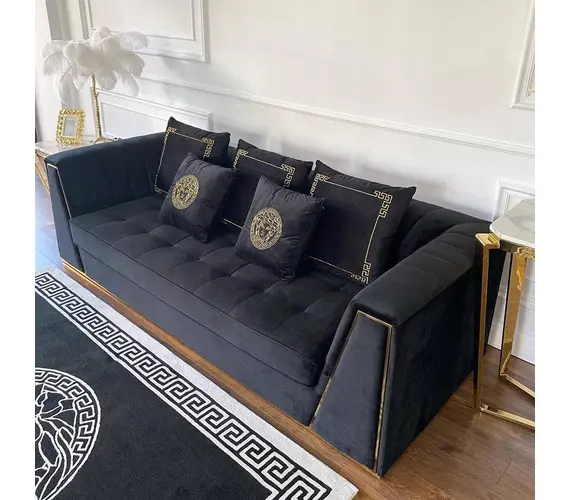 Black velvet quilted sofa, modern in a glamor style, for a golden living room MONTE CARLO