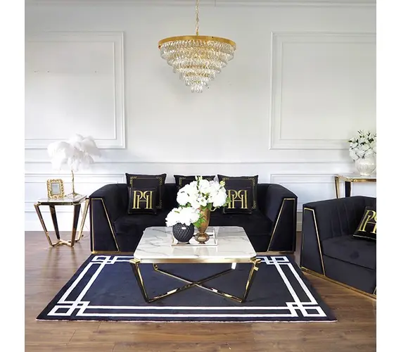 Black velvet quilted sofa, modern in a glamor style, for a golden living room MONTE CARLO