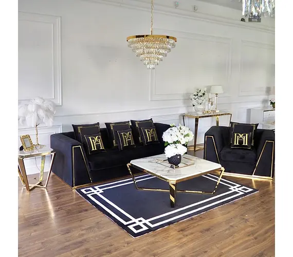 Black velvet quilted sofa, modern in a glamor style, for a golden living room MONTE CARLO