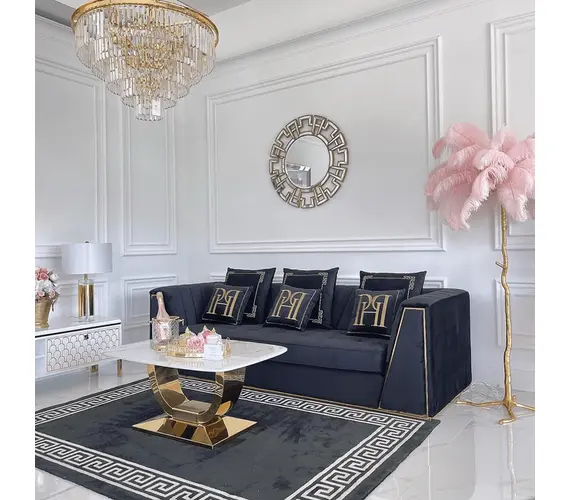 Black velvet quilted sofa, modern in a glamor style, for a golden living room MONTE CARLO