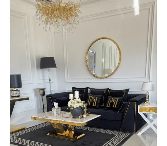 Black velvet quilted sofa, modern in a glamor style, for a golden living room MONTE CARLO