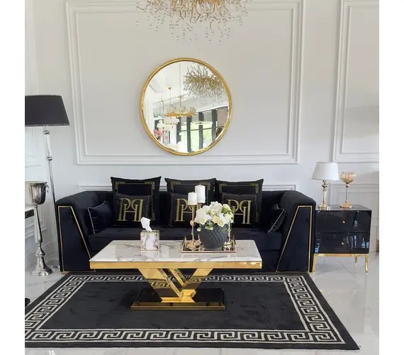 Black velvet quilted sofa, modern in a glamor style, for a golden living room MONTE CARLO