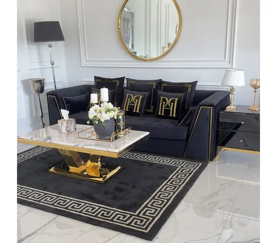 Black velvet quilted sofa, modern in a glamor style, for a golden living room MONTE CARLO