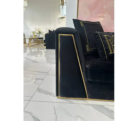 Black velvet quilted sofa, modern in a glamor style, for a golden living room MONTE CARLO