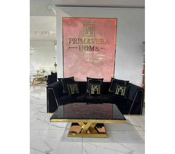 Black velvet quilted sofa, modern in a glamor style, for a golden living room MONTE CARLO