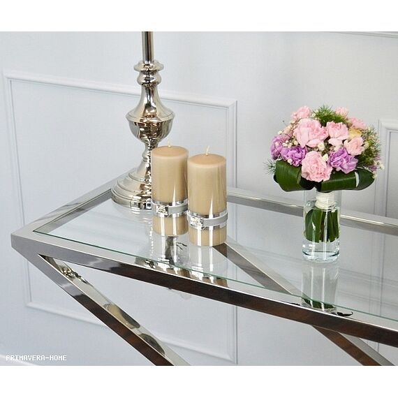 Konsola glamour stal nierdzewna srebrna szklana do przedpokoju salonu CRISS CROSS XL