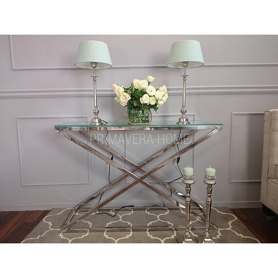 Konsola glamour stal nierdzewna srebrna szklana do przedpokoju salonu CRISS CROSS XL