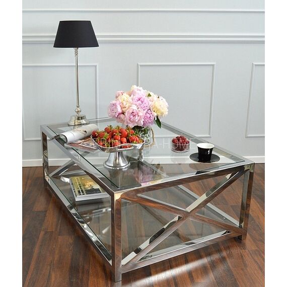 Coffee table stainless steel glass silver CRISS CROSS XXL