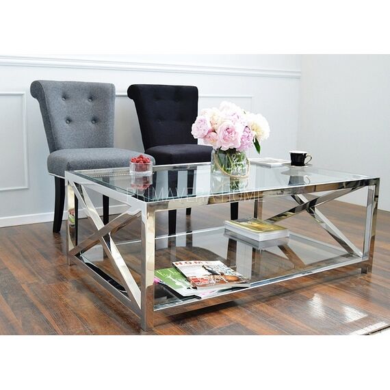 Coffee table stainless steel glass silver CRISS CROSS XXL