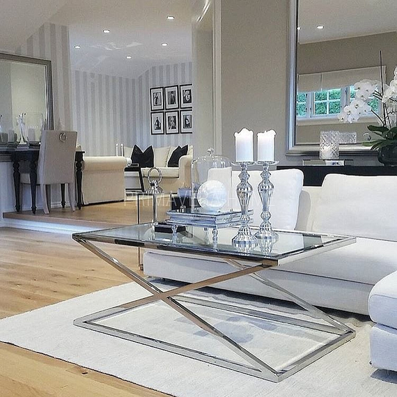 ZESTAW Stolików kawowych glamour srebrne szklany blat stal nierdzewna CRISS CROSS M