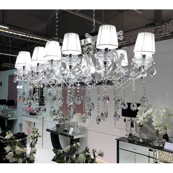 Srebrny Żyrandol z Abażurami, Podłużna Lampa Wisząca nas stół MARIA TERESA L