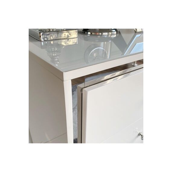 Komoda glamour lakierowana drewniana na stalowych nogach biała srebrna stylowa nowoczesna  Lorenzo M Silver