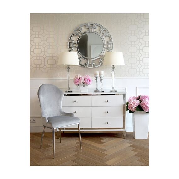 Komoda glamour lakierowana drewniana na stalowych nogach biała srebrna stylowa nowoczesna  Lorenzo M Silver