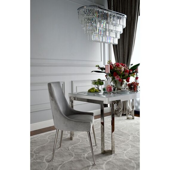 Krzesło glamour klasyczne do jadalni z wysokim oparciem, nowoczesne, hamptons, stalowe proste nogi, srebrne MODERN