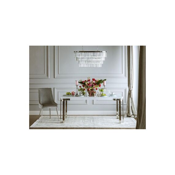 Krzesło glamour klasyczne do jadalni z wysokim oparciem, nowoczesne, hamptons, stalowe proste nogi, srebrne MODERN