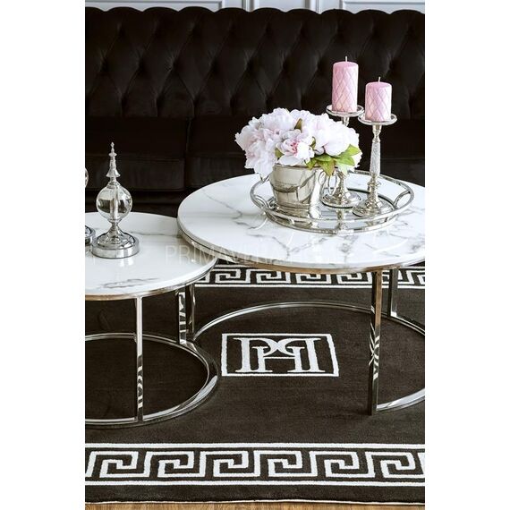 Stolik kawowy glamour nowoczesny srebrny z białym kamiennym marmurowym blatem MARCO SILVER