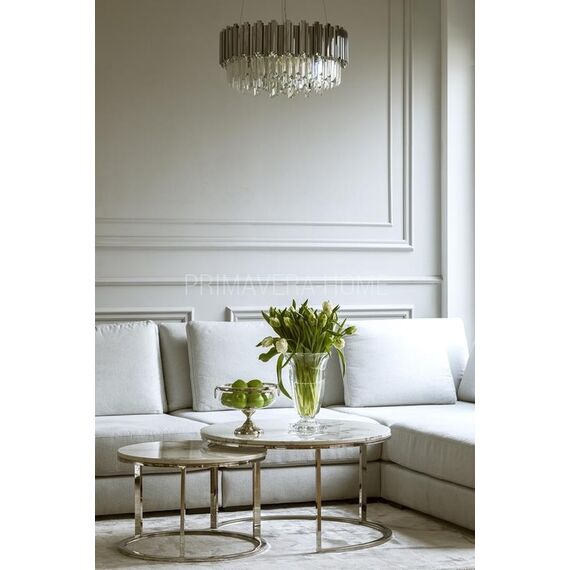 Stolik kawowy glamour nowoczesny srebrny z białym kamiennym marmurowym blatem MARCO SILVER