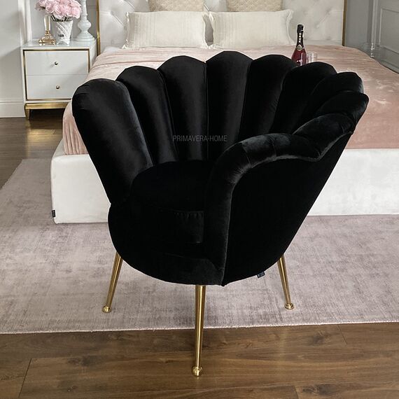 Fotel glamour nowojorski do sypialni przedpokoju salonu tapcierowany luksusowy SHELL GOLD