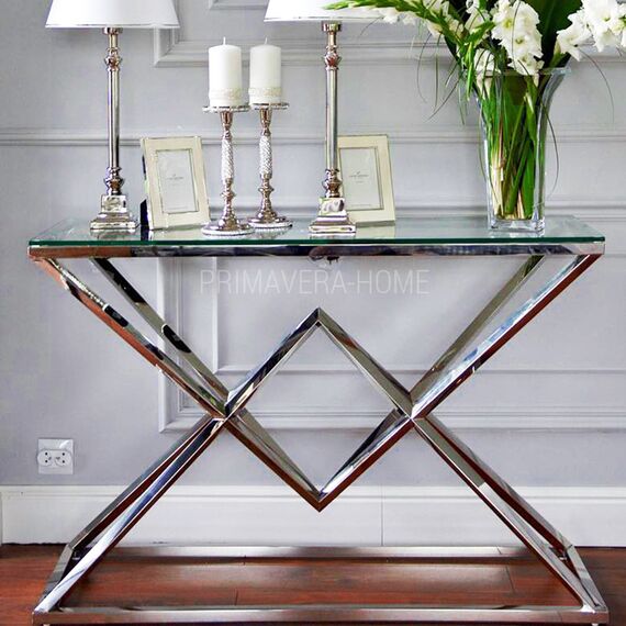 Srebrna konsola glamour CONRAD stal nierdzewna, szkło OUTLET