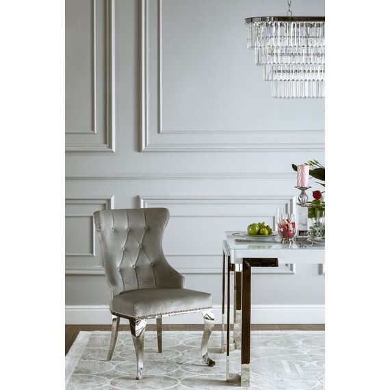 Krzesło glamour klasyczne z giętymi nogami, pikowane, tapicerowane, nowoczesne, z kołatką, do jadalni, do salonu, srebrne GRETA