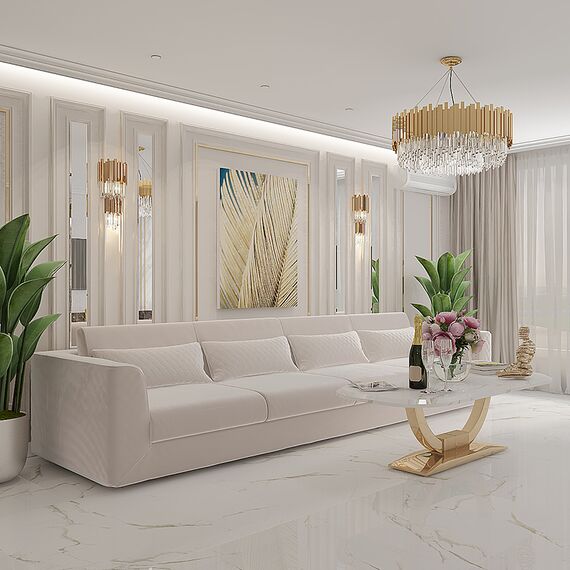 Glamor coffee table for the living room with a white marble top, gold ART DECO